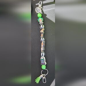 Beetlejuice Bag Charm Green and Black Beaded Keychain